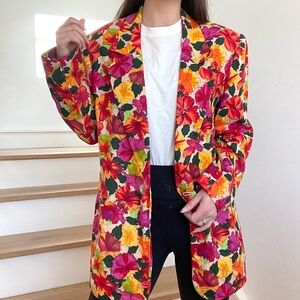 Vintage Breckenridge 100% Linen Pink Beige Tan Red Floral Colorful Blazer Jacket
